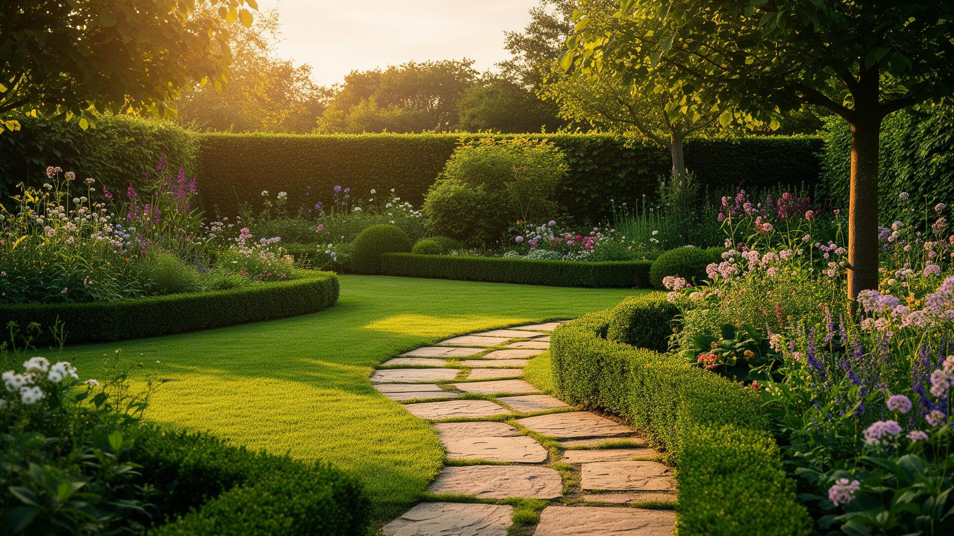 Gepflegter Garten mit Steinweg und blühenden Beeten